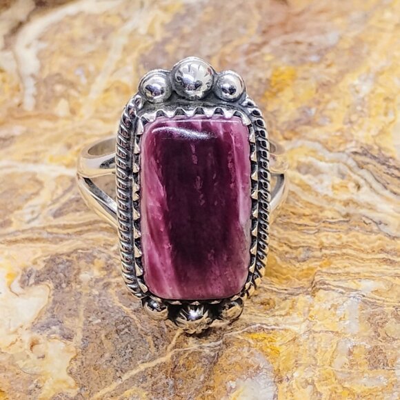 Southwest Purple Spiny Oyster Shell Sterling Silver Ring Size 6 Rectangle Stone - Picture 1 of 8
